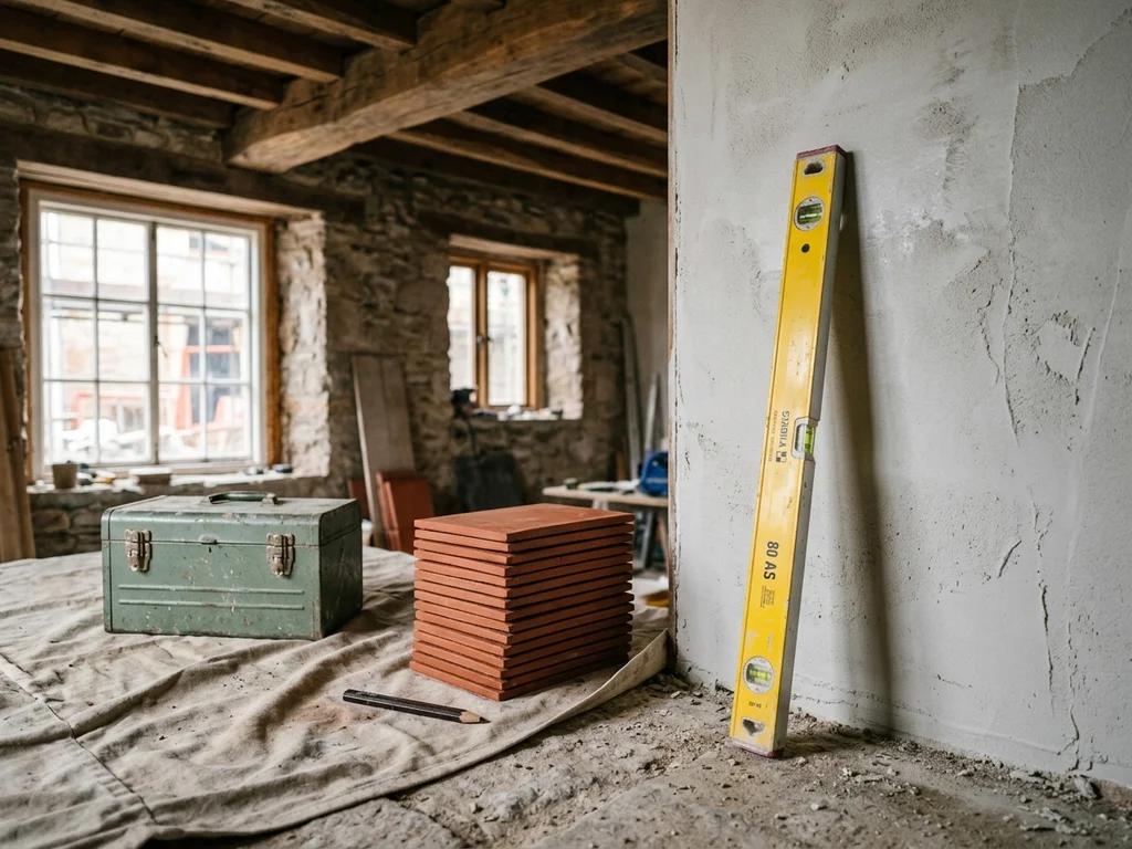 Outils de mesure et matériaux sur un chantier illustrant la conception d'un projet de maison.
