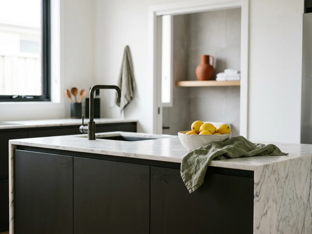 Cuisine moderne ouvrant sur une salle de bain design pour une maison harmonieuse et rénovée.
