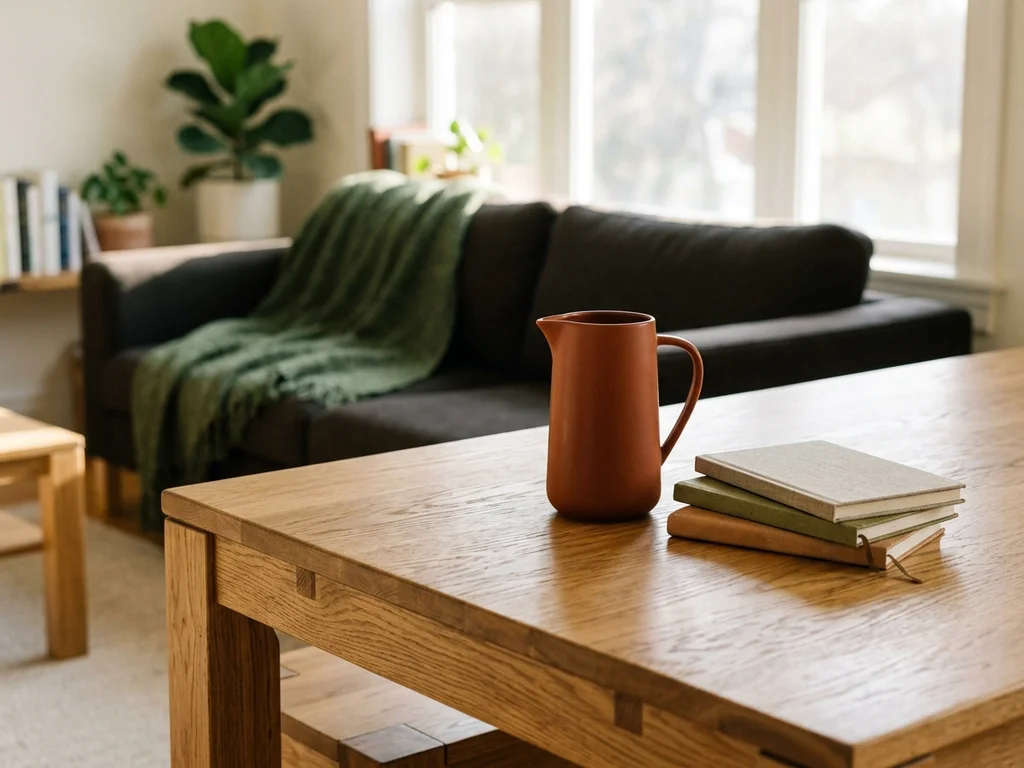 Salon chaleureux et lumineux avec une table en bois pour un premier contact accueillant.