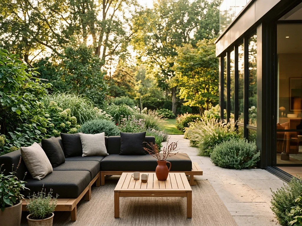 Terrasse de maison avec mobilier design et jardin paysager illustrant l'am�nagement ext�rieur.